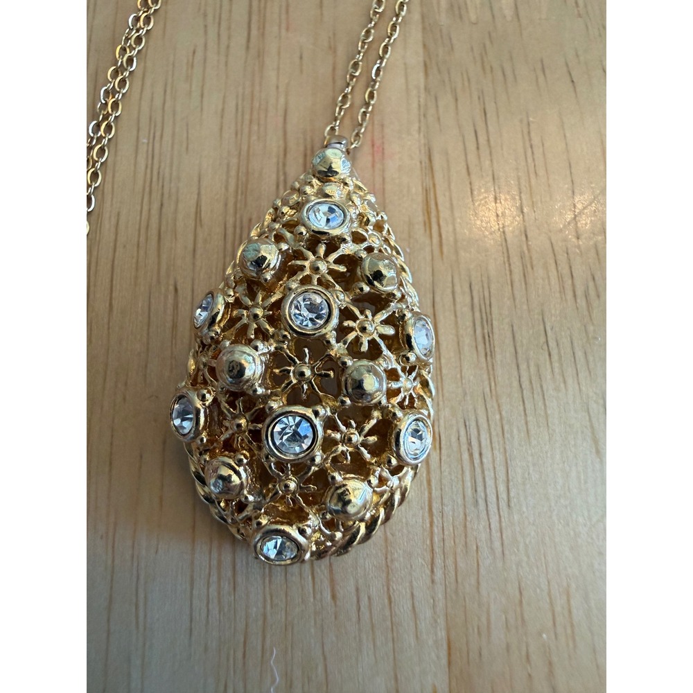 Barrera for Avon Gold Tone Filigree Teardrop Crystal Pendant Necklace Statement